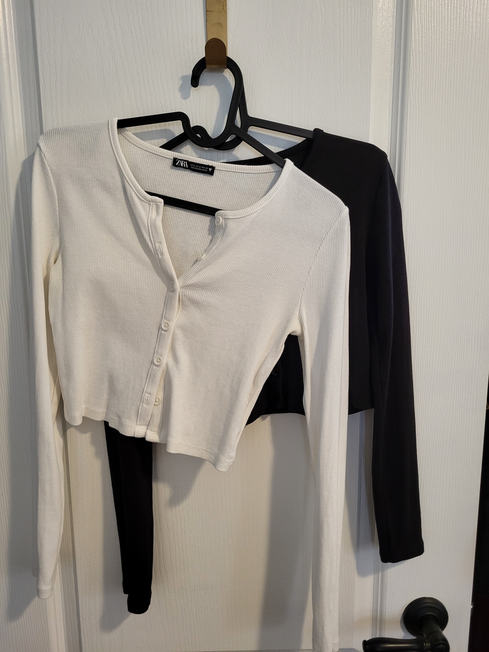 Zara Ribbed Button-Front Long Sleeve Tops — White & Black